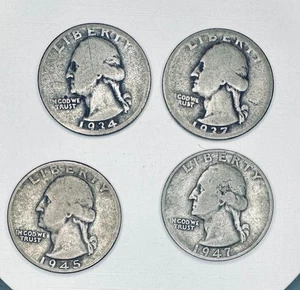 LOT OF 4 WASHINGTON 90% SILVER US QUARTERS (1934D, 1937D, 1945D, 1947S) - Picture 1 of 2