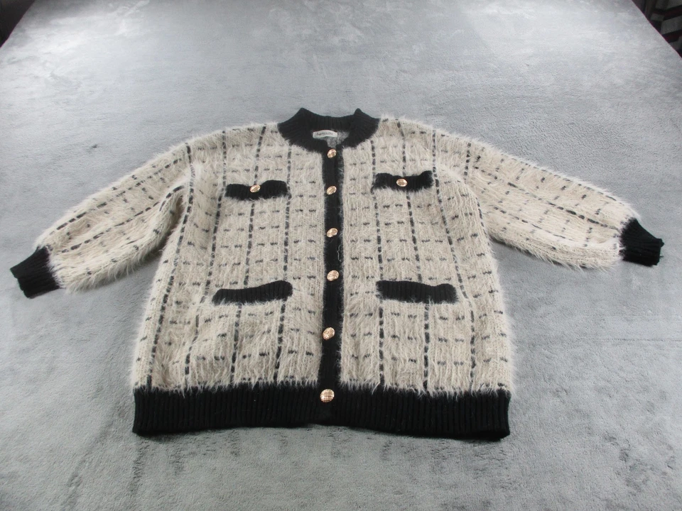 Impressions Suéter Mujer 2X 3X Negro Blanco Difuso Cuadros Botón Cárdigan Foto 1 de 4