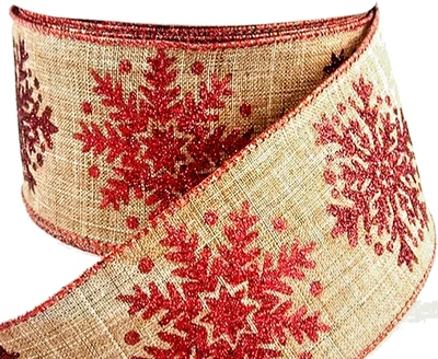 Large Red Glittered Snowflakes 2.5" by 2 yd Natural Wire Ribbon Christmas Winter - Image 1 of 4