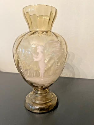 Antique Mary Gregory Victorian Hand-painted Amber Glass Vase - Image 1 of 4