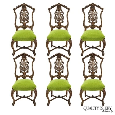 Antique French Rococo Revival Carved Walnut Dining Side Chairs - Set of 6 - Image 1 of 4