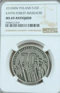 2010 POLAND SILVER 10 ZLOTYCH KATYN FOREST MASSACRE NGC MS 69 ANTIQUED BEAUTY - Picture 1 of 4