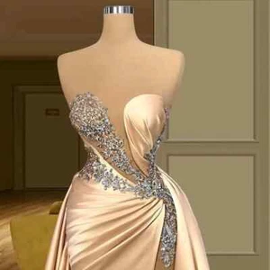 Sexy Vestido de Noche de Sirena Ilusión Apliques de Baile de graduación Cuentas Alto Dividido Vestidos de Fiesta - Imagen 1 de 14