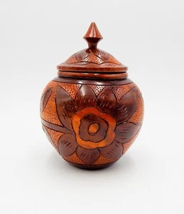 Tazón de tarro vintage de madera tallado a mano floral con tapa de tabaco/jengibre/té 7,5 pulgadas - Imagen 1 de 9