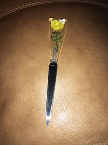 Vintage Letter Opener Yellow Rose Stainless Steel Celuloid Plastic - Picture 1 of 7