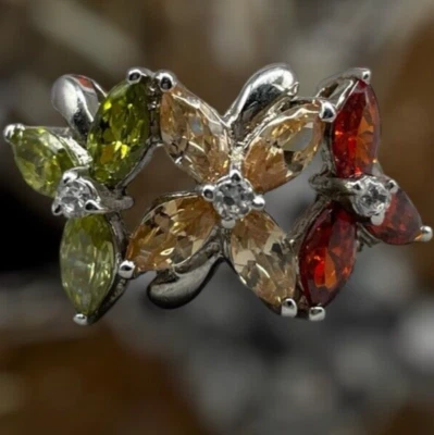 Anello fiore rosso verde giallo Argento 925 cristalli+pietre brillanti Made Ita. - Immagine 1 di 4