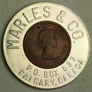 CALGARY, CANADA ENCASED 1960 CANADIAN CENT Marles & Co. G/F 25c In Trade - Bild 1 von 6