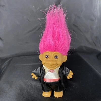 Vintage 1993 Russ Troll Doll In Black Tuxedo With Pink Tie Cummerbund Pink Hair - Image 1 of 4