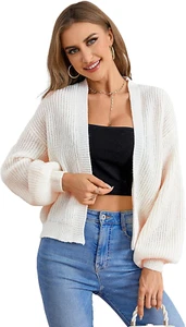 Women'S Color Block Open Front Long Sleeve Ribbed Knit Cropped Cardigan Sweaters - Picture 1 of 12