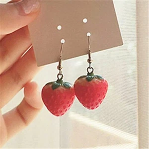 3D Resin Simulation Strawberry Hook Earrings Dangle Cute Fruit Women Jewelry New - Picture 1 of 8