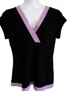 Camicetta donna Liz Claiborne XL nera rosa orlo surplice scollo a V manica ad aletta - Foto 1 di 10