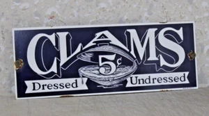 Vintage Clams 5 Cents Porcelain Enamel Sign 4.5x12  1997 - Picture 1 of 4