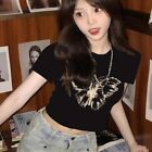 Crew Neck Butterfly Printed T-Shirt Short Pullover Short Sleeves Top   Girl