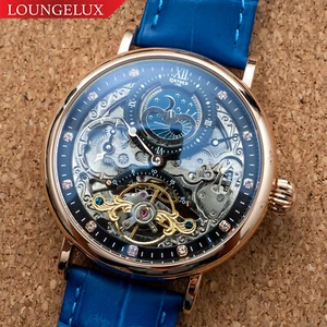 Mens Dual Time Automatic Mechanical Watch Rose Gold Blue Leather Deployant - Picture 1 of 12