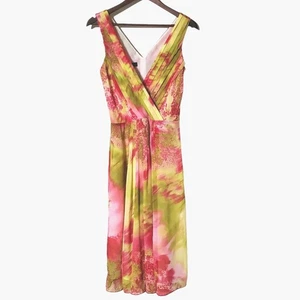 Vestido Floral Anne Klein Talla 8 Rosa Verde Acuarela Pliegues Hasta la Rodilla Para Mujer - Imagen 1 de 10