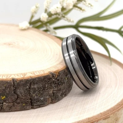 6mm Glossy Black Tungsten Ring Silver Brushed Finish Band For Christmas Gifts - Image 1 of 4