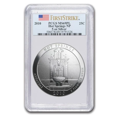 2010 5 oz Silver ATB Hot Springs MS-69 PL PCGS (FirstStrike®) - Image 1 of 3
