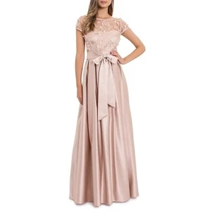 Xscape 3D Women Beige Satin Embroidery Flower Bodice Evening Maxi Dress Size 14 - Picture 1 of 7