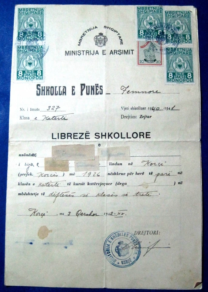 Vintage Albanian School Booklet 1940–1941 – 6 Monopol Tax Stamps & Red Cross - Image 1 of 4