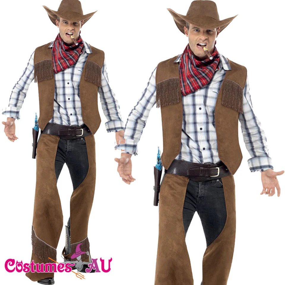 Disfraz de vaquero con flecos para hombre Rodeo Western Adulto Salvaje Oeste Juegos con disfraces Conjunto marrón Foto 1 de 4