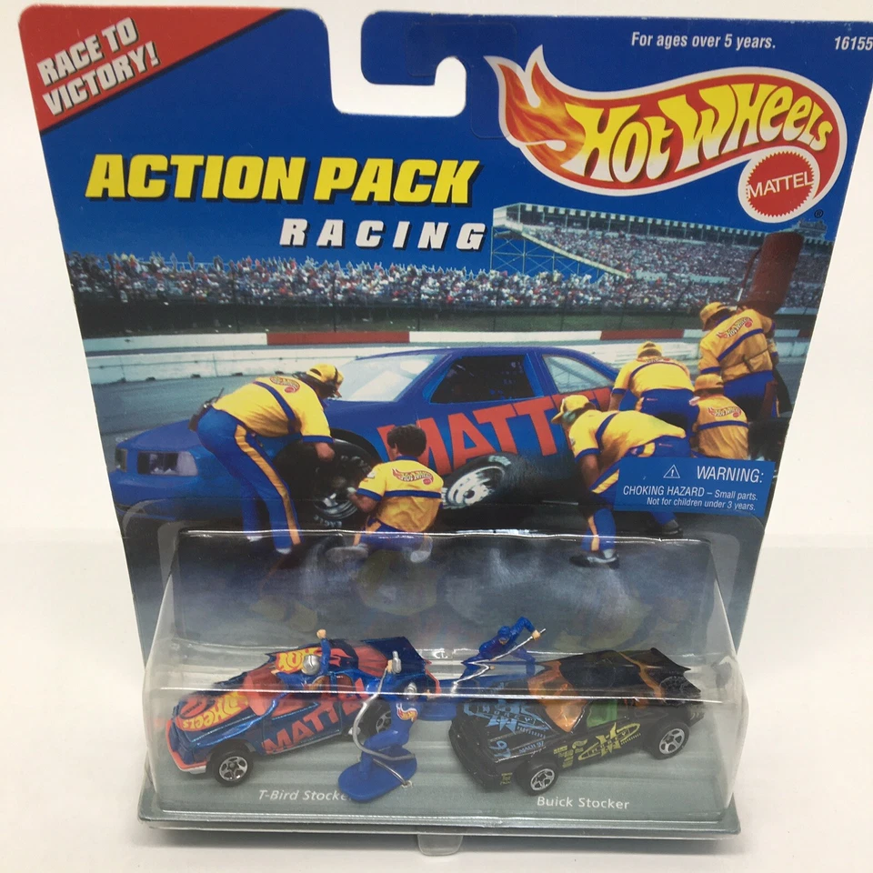 Hot Wheels Racing Set With Die Cast T-bird and Buick Stock Cars Plus Pit Crew
