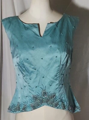 Vintage Light Aqua Blue Beaded Sequin Satin Blouse Top Custom Made S M - Image 1 of 3