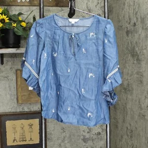 Womens Lightweight Denim Bell Sleeve Blouse Shirt Top Blue See Measurements - Picture 1 of 3