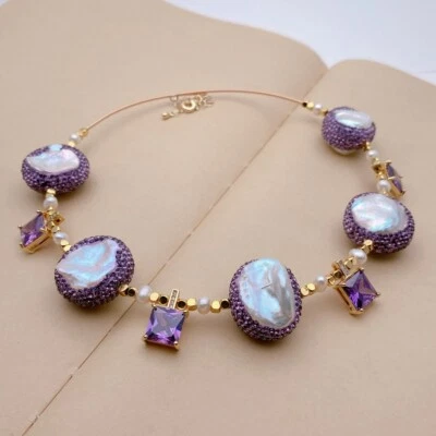 Collar gargantilla 17" blanco perla Keshi lavanda circonita cúbica dije mujer joyería Foto 1 de 4