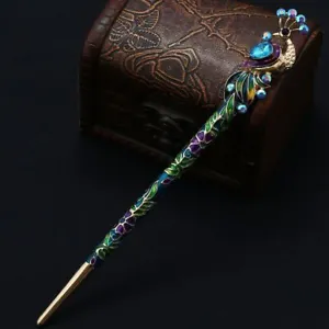 Crystal Peacock Hair Pin Stick Retro Chinese Style Hairpin Jewelry Accessories - Picture 1 of 16