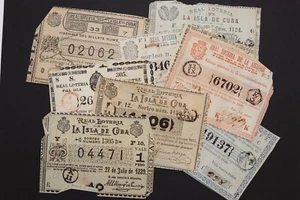 BIGLIETTI LOTTERIA CUBANA VINTAGE 1839-1898 LOTTO DI 9 - Foto 1 di 5
