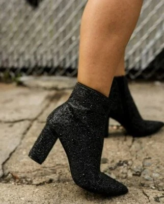 New Women's Jeweled Rhinestone Crystal Ankle Boot Booties Pointed Toe Block Heel - Image 1 of 2