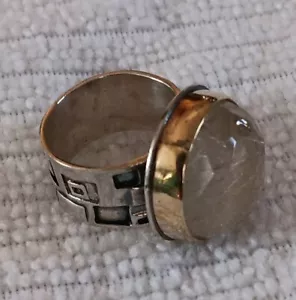 Anello Artigianale Argento Sterling 14K Oro Giallo Lunetta Set Quarzo Rutilato Misura 7 - Foto 1 di 8