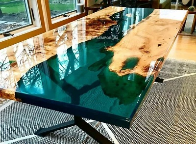 Handmade Custom Acacia and Deep Green Epoxy Resin Dining Table Top Furniture Art - Image 1 of 4