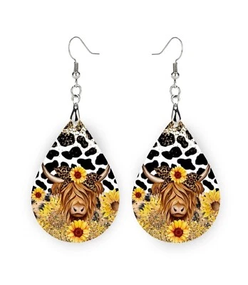 Yellow Sunflower Highland Cow Earrings, Sunflower Leopard Print Cow Earrings - Image 1 of 4