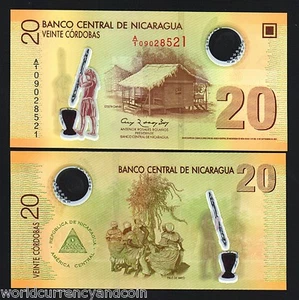 NICARAGUA 20 Cordoba P-202 2007 x 1 Pcs FLAG HUT WOMAN POLYMER UNC BANK NOTE - Picture 1 of 3