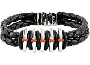 Mens Black Leather Two Row Stainless Steel and Orange Rubber 8.50 Inch Bracelet  - Picture 1 of 3