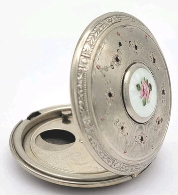 复古 Guilloche 银筛紧凑型珐琅花雕刻艺术装饰 1930 年代 — 第 1/4 张图片