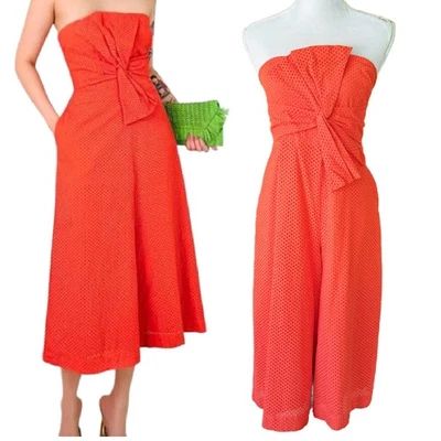 NEW Anthropologie Postcard Orange Eyelet Strapless Wide Leg Crop Jumpsuit 6 P - Image 1 of 4