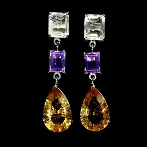 925 Sterling Silver Earrings Pear Citrine32ct Amethyst Handmade Gemstone Jewelry - Picture 1 of 14