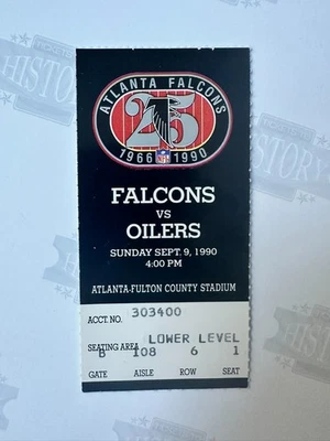 1990 Oilers Falcons Ticket 9/9/90 Warren Moon 4 TDs Deion Sanders Pick 6 - Image 1 of 2