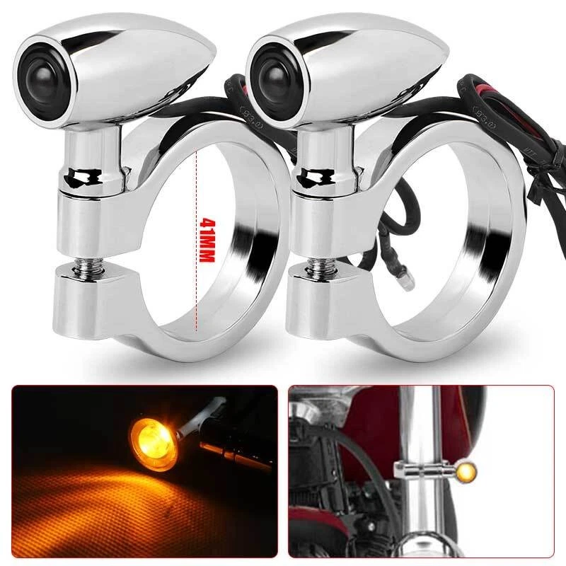 2X Motorcycle LED Turn Signal Light 41mm Front Mount Fork Indicator Bullet Amber — 第 1/4 张图片