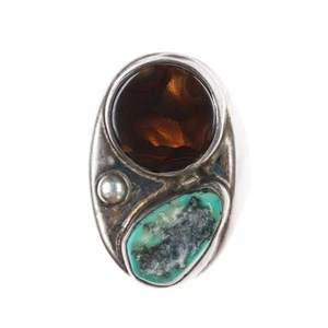 sz11.75 1970's Navajo sterling turquoise, fire agate ring - Picture 1 of 6