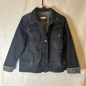 Christopher & Banks Blue Denim Jacket Women’s Size L Cross Stitch Accents Pocket - Picture 1 of 7
