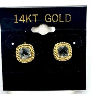 14K Yellow Gold Faceted Aquamarine Square Earrings Mexico - Picture 1 of 5
