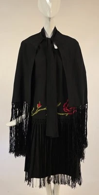 FLAPPER 1920’S HAND EMB BLACK SILK DRESS W SILK FRINGE + EMB FRINGE TRIMMED CAPE - Image 1 of 4