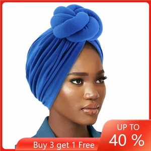 Muslim Women Knotted Twist Pleated Hijab Hat African Turban Head Wrap Chemo Cap - Foto 1 di 27