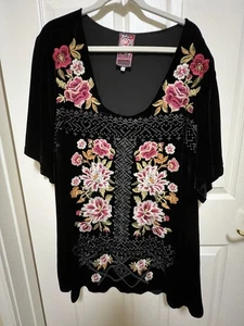 Johnny Was Damen XXL Schwarz Samt Bestickt Blumen Tunika Top Seidenmischung SS - Bild 1 von 9