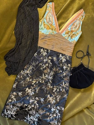 Phoebe Couture Silk Brocade Cocktail Dress Asian Inspired Floral Sheath Size 2 - Image 1 of 4