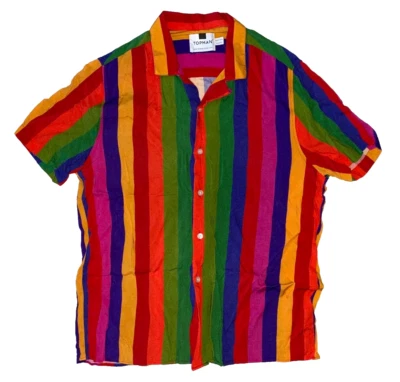 Topman Rainbow Circus Bold Vibrant Color Stripe Short Sleeve Flowy Shirt Medium - Image 1 of 4