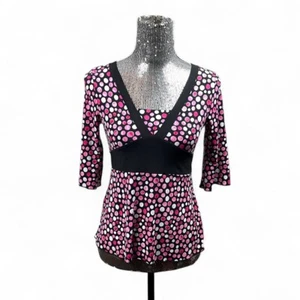 Vintage Y2K Pink Polka Dot Babydoll Stretch V-Neck  Knit Top XS/S Tie Back Retro - Picture 1 of 6